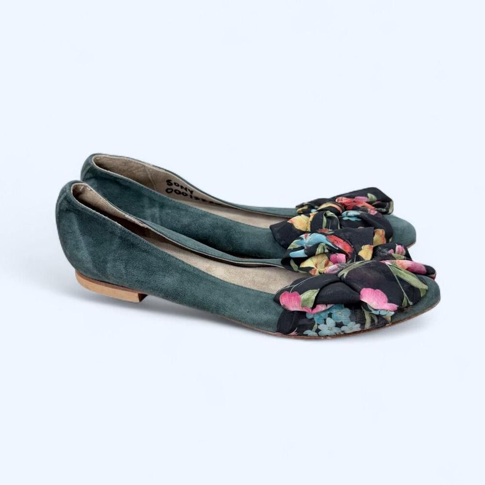 Teal Green Suede Ballet Flats Floral Chiffon Fabric Twisted Bow Balletcore